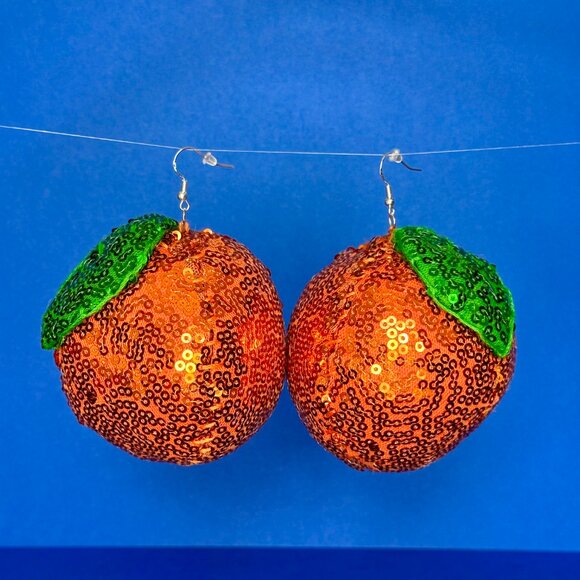 DiscoFruits Plush Sparkly Sequin Statement Disco Orange Earrings Orange & Green - Picture 2 of 5